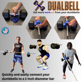 Blue DUALBELL Pair for 1” bar and black weight collars- Home gym dumbbell to barbell adapters - Connect Dumbbells to 1”, 25mm standard diameter bar to replace weight plates- holds up to 100lb dumbbell