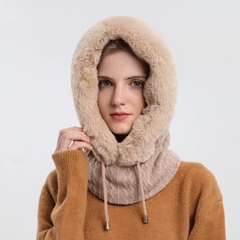 TAGVO Women's Balaclava Face Mask, Warm Balaclava Face Mask, Windproof Full Face Mask, Adjustable Ski Mask, Hooded Scarf, Winter Fleece Hat for Skiing, Cycling, Universal Size, D-Beige-04