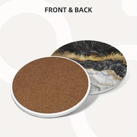 Vibiliyou Sets of 6 Round Absorbent Ceramic Stone Coasters with Metal Holder Stand,Coasters for Drinks,Featuring Cork Base for Protection on Wooden Tables,Available in Black and White Marble