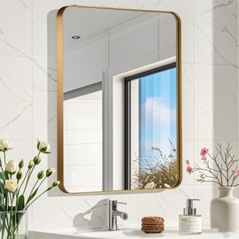 CLBA Brushed Gold Mirror 30x36 inch, Gold Deep Frame Bathroom Mirror for Wall, Rounded Rectangle Mirror for Vanity, Tempered Glass, Anti-Rust, Hangs Horizontally or Vertically
