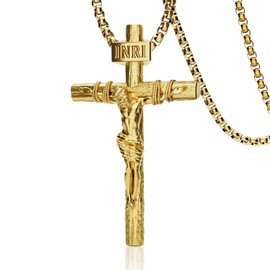 ZENLUNANO Catholic Cross Necklace for Men and Women with Small Crucifix Pendant - Yellow Gold, 2 Necklace Chains of Distinctive Styles, 20 Inch