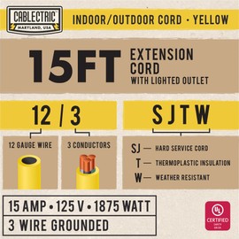 Cablectric 15 Ft Outdoor Extension Cord - 15 Amp 12/3 SJTW Heavy Duty Yellow 12 Gauge Lighted Electrical Cable with 3 Prong Grounded Plug