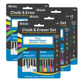 BAZIC Chalk Set, Colored (12 Pcs) + White (12 Pcs) Chalks + Chalkboard Eraser, Non-Toxic Kids Art Office School Blackboard Home, 4-Pack