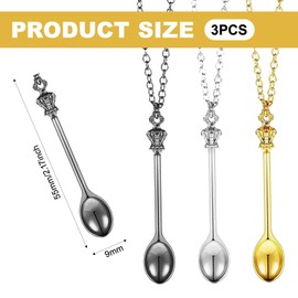 FENGRUI 3 Pieces Spoon Necklaces Set,Mini Charms Ket Necklace Small Snuff Spoon Tiny Little Scoop Teaspoon Crown Pendant Long Chain for Fancy Dress Party Favors（Silver,Gold,Black）