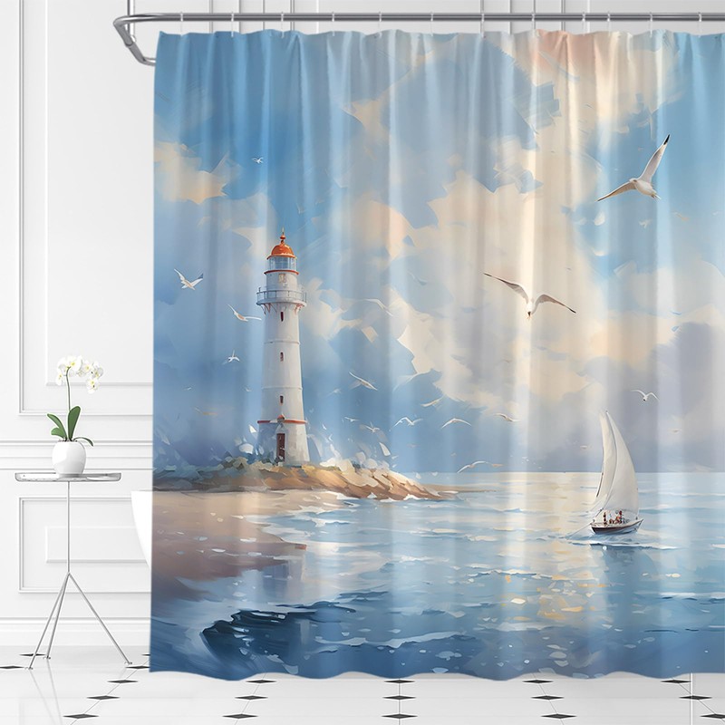 Lighthouse Shower Curtain Nautical Coastal Sailboat Seaside Seascape Seagull Oil
