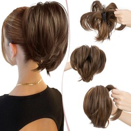 SEGO Pro Claw Clip Short Ponytail Hair Extensions Messy Bun Hair Piece Pony Tails Hair Extensions with Bendable Metal Wire Hair Pieces DIY Style 6H27 Dark Flaxen & Dirty Blonde 8 Inch