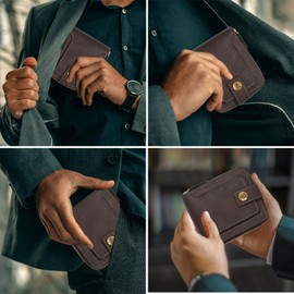 LJCZKA Wallets for Men Zip Around Leather Wallet Bifold Large Capacity Card Holders Multiple Compartments with Coin Pocket, Card Slots, Flap ID Window (Deep Coffee)