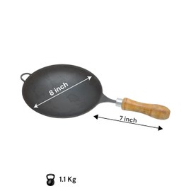 PRINA E-SHOP Pure Iron Mini Woke Kadhai fring saute Pan For Kitchen 8 inch size with wood handle Hand made Light Weight.