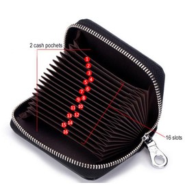 DCSP Women's Genuine Leather Credit Card Holder RFID Blocking Leather Trifold Credit Card Case Mini Small Zip Purse, Black