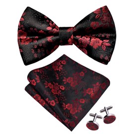 GUSLESON Black Red Bow Tie and Pocket Square Set for Men Red Floral Pre-Tied Bowties Cufflinks for Wedding (0493-09)