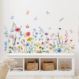 Flower Wall Decals Colorful Floral Wall Stickers Wildflower Butterflies Wall Mural Peel and Stick Vinyl Removable Flowers Wallpaper for Bedroom
