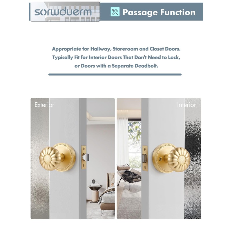 SORWDUERM Gold Door Knobs Passage Door Knobs Brushed Gold Interior