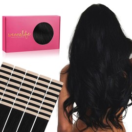WENNALIFE Tape-In Real Hair Extensions, 40 Pieces, 100 g, 45 cm / 18 Inches, Deep Black Hair Extensions, Real Hair Extensions, Invisible Tape-In Extensions, Silky Skin Weft Tape Ins