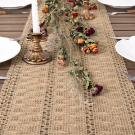 Dremisland Boho Table Runner Macrame Farmhouse 95 Inch Woven Burlap Rustic Fall Table Runner Brown Table Cover Autumn Table Decoration for Bohemian Kitchen Dining Table(Jute, 30 x 240 cm)