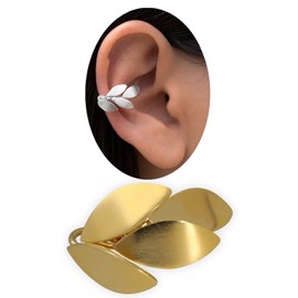 Gold-Plated 925 Sterling Silver Elf Ear Cuff Earring, Ear Cuff for Non-Pierced Earring, New Greek Earring, Handmade, Angled Earring, Olive Leaf Earring (Silver Gold-Plated)