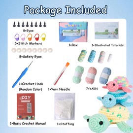 Crochet Kit for Beginners - 3 Turtles Family Crochet Animals Kit with Yarn, Step-by-Step Video Tutorials, Knitting Kit for Adults Kids, Crochet Decoration Supplies DIY Craft Gift for Birthday Party