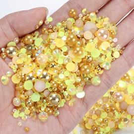 Yellow Brown Resin Rhinestones and Nail Art Pearls Bulk, Resin Rhinestones and Half Pearl for Bedazzling Gems, Mix Sizes Pearls for Crafting Nails Face Eyes Makeup Body DIY Decor Crafts