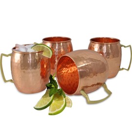 Set of 4 - Prisha India Craft Moscow Mule Solid Copper Mug 16 OZ - 100% Pure Copper Hammered Lacquered Finish, Cocktail Cup, Copper Mugs, Cocktail Mugs with No Inner Linings