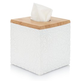 Essentra Home Square Tissue Box Cover – Matte White with Wood Print Top – Modern Cube Tissue Box Holder