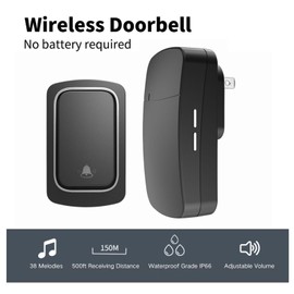 Self-Powered Wireless Doorbell for Home/Office - IP66 Waterproof, Plug-in Doorbell Kit with No Battery Required, 500ft/150m Range & Custom Chimes for Cabin/Classroom (Black)
