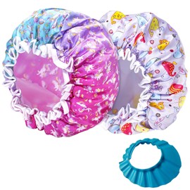 AYNKH 2PCS Kids Shower Caps,Unicorn Dolphin Elastic Bath Cap for Kids,Reusable Double Layer Childs Waterproof Shower Hat for Girls/Boys