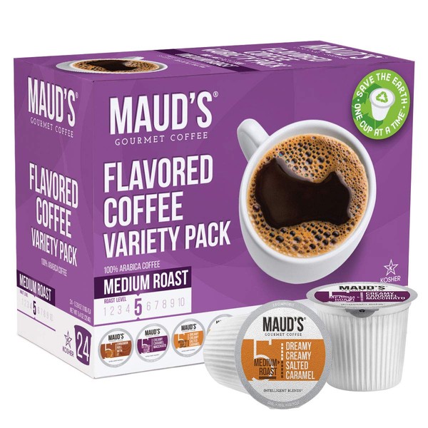 Maud's Flavored Coffee Sampler Variety Pack (6 Flavors), 24ct. Solar Energy Produced Recyclable Single Serve Flavored Sample Pack Coffee Pods - 100% Arabica Coffee California Roasted, KCup Compatible