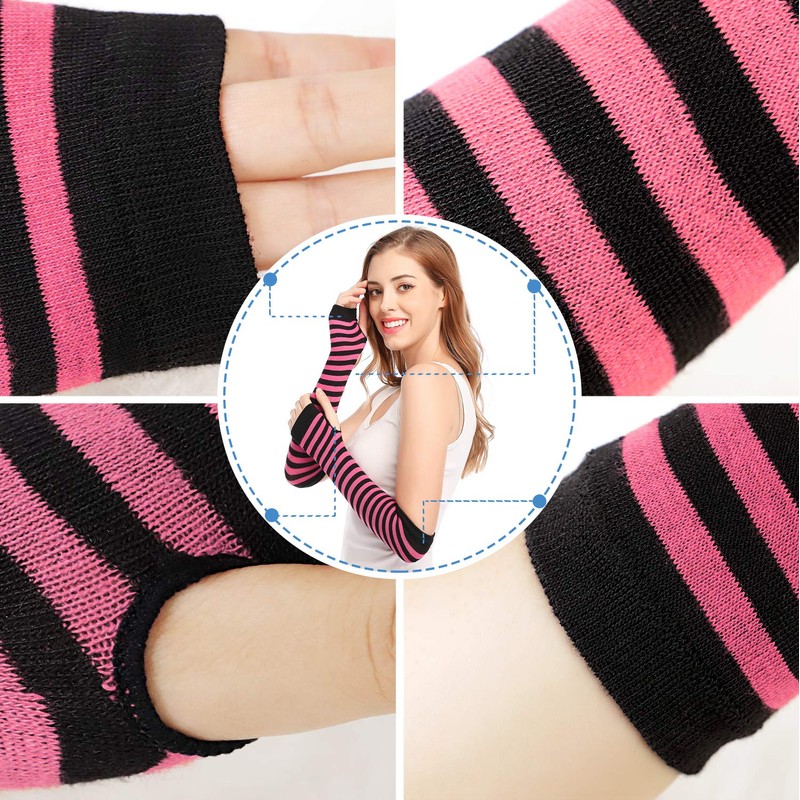 Punk Gothic Rock Long Arm Warmer Fingerless Gloves, Black Fuchsia,