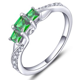 YL Women's Sterling Silver Clear Created Emerald 3-stone Princess Cut Wedding Rings for Engagement Jewelry-size9