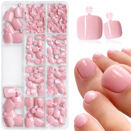 240pc Press on Toenails Women Fake Toe Nails with Glue Tabs, Light Pink Fake Toenails Press on Nails Toe Acrylic Nail Tips Short Square False Toenails Stick Artificial Toe Nails Press ons Pedicure