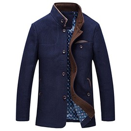 chouyatou Men's Gentle Band Collar Single Breasted Wool Blend Pea Coat (NavyBlue, Large)