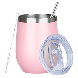 MEZMUT - Vaso de vino aislado de 12 onzas con tapa, doble pared al aspiradora, acero inoxidable, taza de café aislada para Champaign, cóctel, cerveza (rosa, 1 unidad)