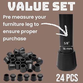 24pc Value Set Black 5/8” Round Rubber Chair Leg Tips Caps Floor Protectors Non-Slip Bar Stool Table Folding Chair End Cap Tip Replacement