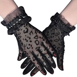 MFUOE Tulle Gloves Leopard Print Short Gloves Animal Prints Women's Translucent Lace Gloves Masquerade Cosplay Accessories (Black)