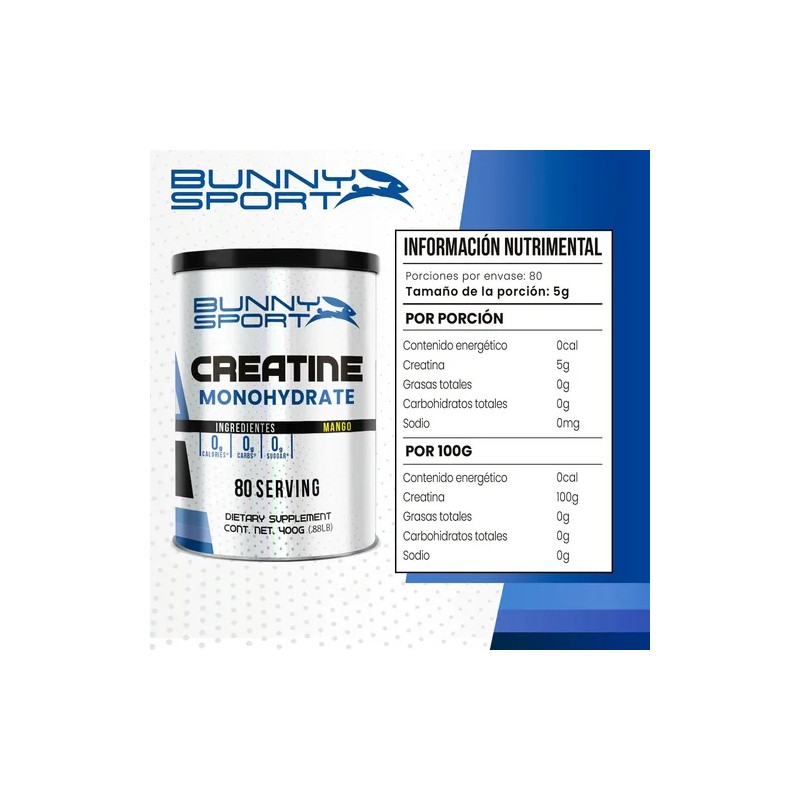 Creatina Monohidratada Bunny Sport de 400g Sabor Mango para Rendimiento
