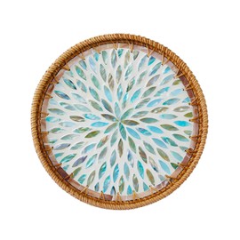 Rattan Serving Tray with Mother of Pearl 12 inch, Round Coffee Table Tray Decor, Round Wicker Tray, Boho Decorative Tray, Woven Tray (Galaxy Blue)