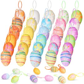 30 Pcs Easter Egg Ornaments for Tree Mini Easter Hanging Eggs Decorative Pastel Easter Tree Decoration Glitter Colorful Painted Foam Egg with Loops for Spring Easter Party Supplies Decor, 5 Styles