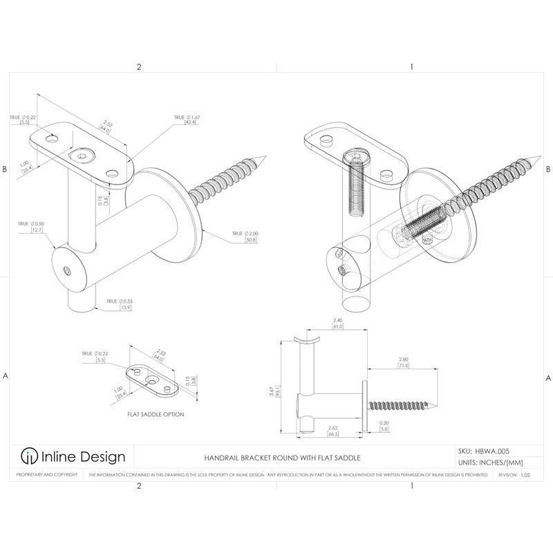 Handrail Bracket Stainless Steel 316 Round (Satin Stainless Steel)