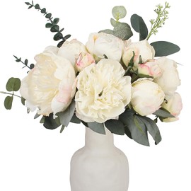 White Peonies Artificial Flowers 2 Bouquet Vintage Fake Peonies 21pcs Silk Flowers with Stems Real Touch Peonies for Home Wedding Table Decoration Bride Bouquet Faux Flowers Crafts Floral Arrangement