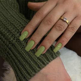 KQueenest Glossy Olive Green Press on Nails Long Medium Square, Pure Color Coffin Fake Nails Press ons, Press on Acrylic Nails Natural, Thick Glue on Nails for Women DIY Salon Manicure Nail Art Design