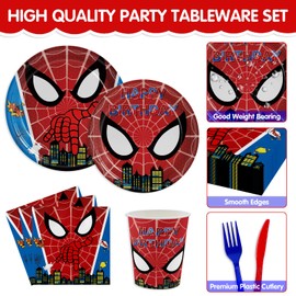 Spider Theme Birthday Party Decorations Kids Paper Plates Napkins Cup Red Blue Forks Boys Birthday Party Supplies Decorations Disposable Tableware Set Serve 20 Guests