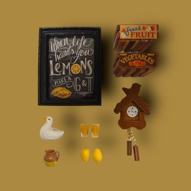 Dolls House Lemon Kitchen Accessory Pack, 1:12 Scale, Wooden Crates, Lemons, Glasses, Clock, Vase | Minimum World