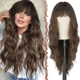 FESHFEN Wigs with Bangs, Long Wavy Brown Wigs for Women, Dark Brown 26 Inches Natural Looking Synthetic Wig for Daily Party Cosplay