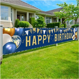 Enjoyfun Happy Birthday Yard Sign Banner - Large 118" x 19.7" Navy Blue and Gold Birthday Party Decorations for Children Men Women Birthday Celebration Banner Outdoor Indoor Party Supplies