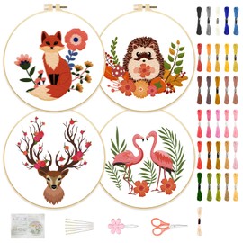 FREEBLOSS Set of 4 Embroidery Starter Kit Embroidery Kit Embroidery Set Adults Beginners with Instructions Animal and Plant Motifs Cross Stitch Set Embroidery for Beginners Basic Exercises