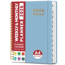 2026 Planner, Weekly and Monthly Planner, January 2026 - December 2026, Hardcover 2026 Calendar Planner Book with Tabs For Women & Men, Inner Pocket, Spiral Bound, Perfect for Office Home School Supplies - A4 (8.5" x 11"), Blue