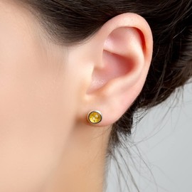 Natural Gemstone Sterling Silver Simple Minimalist Round Stud Earrings, Silver, Yellow Amber