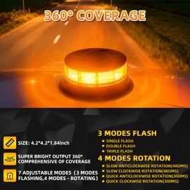 LED Amber Beacon Strobe Light, 4.2" Flashing Emergency Lights, Permanent Mount 360°Rotating Rooftop Safety Warning Light for Vehicles, Trucks, Tractor, Postal Car Golf Carts UTV & ATV Car