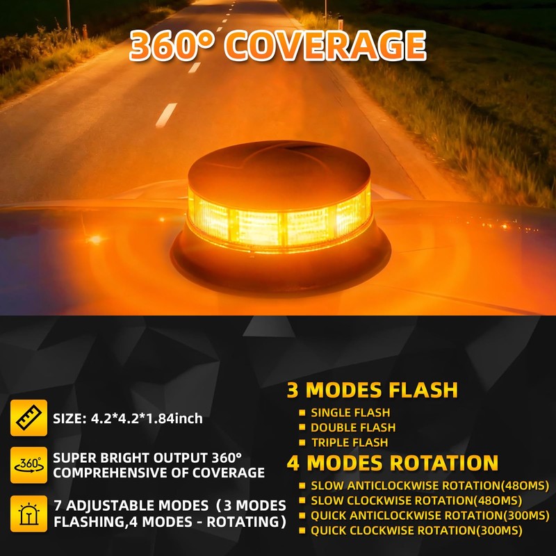 LED Amber Beacon Strobe Light, 4.2" Flashing Emergency Lights, Permanent