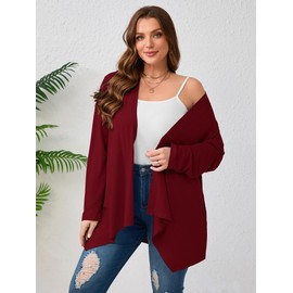 AusLook Women's Plus Lightweight Cardigans Long Sleeve Open Front Casual Loose Soft Burgundy 1X Cardigans High Low Hem Draped Duster with Pockets
