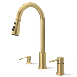 FROPO 3 Hole Kitchen Faucet with Soap Dispenser, Gold Kitchen Faucet with Pull Down Sprayer and Separate Single Side Handle 3 Pieces, Stainless Steel High Arc Kitchen Sink Faucet